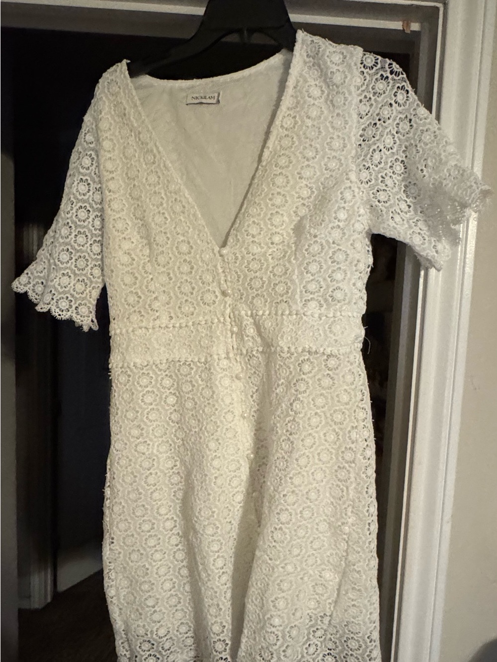 Nickilam Collection White Lace V-Neck Dress Size L Pearl-like buttons